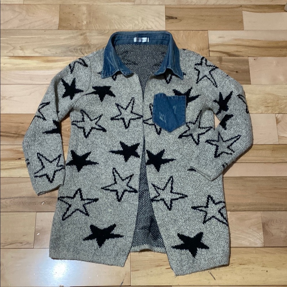 Igigli Star Patterned Cardigan with Denim Collar